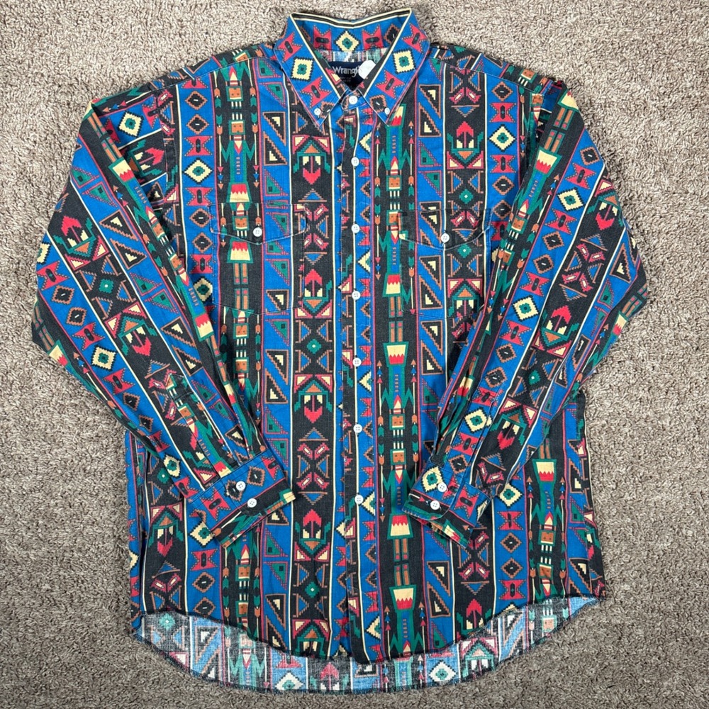 Wrangler Brushpopper Southwestern Tribal Print Shirt Mens 17-35 Vintage USA